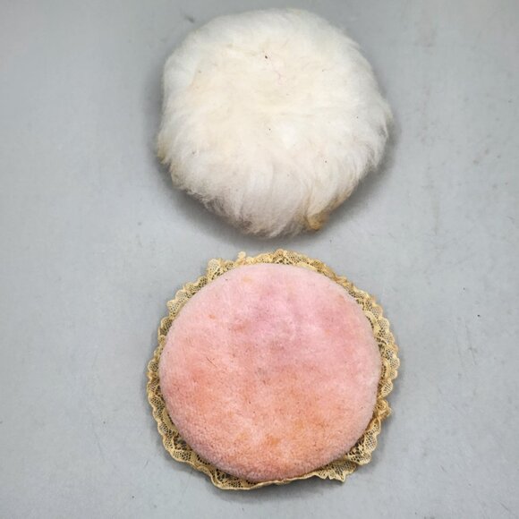 Antique 3 Jar Dresser Vanity Set Celluloid Green Floral 2 Powder Puffs - Picture 3 of 16